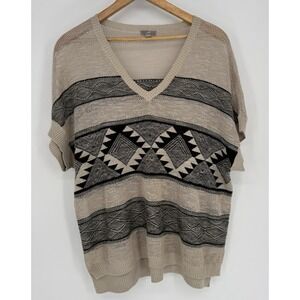 J Jill Women's XS/S Short Sleeve Sweater Open‎ Knit Aztec Print Linen Blend